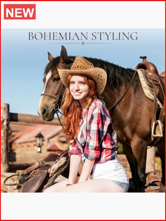 Straw Cowboy Hat with Boot Earrings, Breathable, Lightweight main image 7